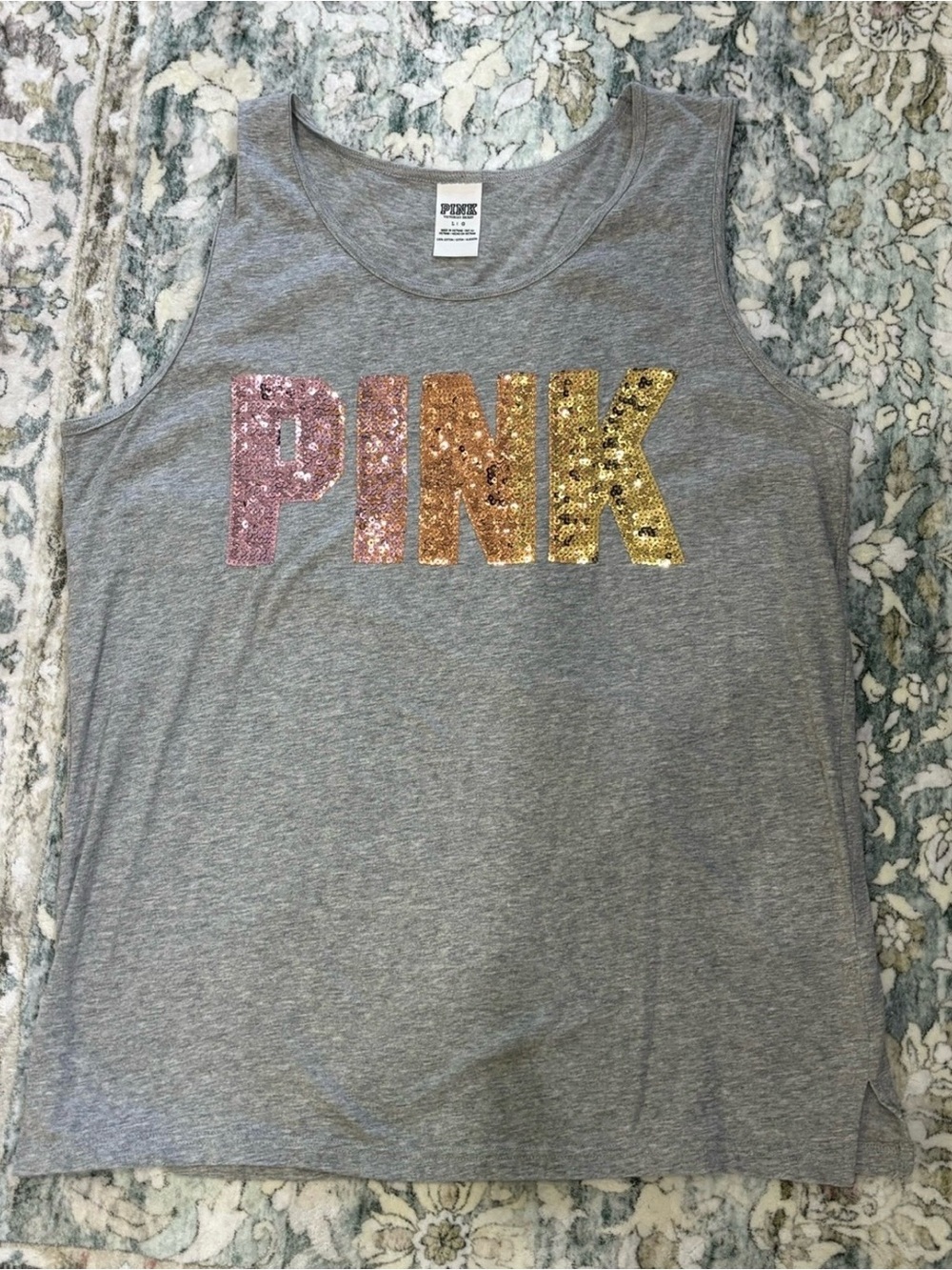 PINK Victoria's Secret Gray Tank with Pink, Orange and Gold Sequin Logo